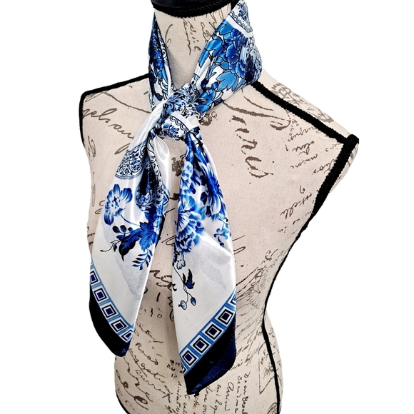 💖 2/$30 Satin Floral Nautical White Blue neck hair head bandana square scarf - Picture 9 of 13